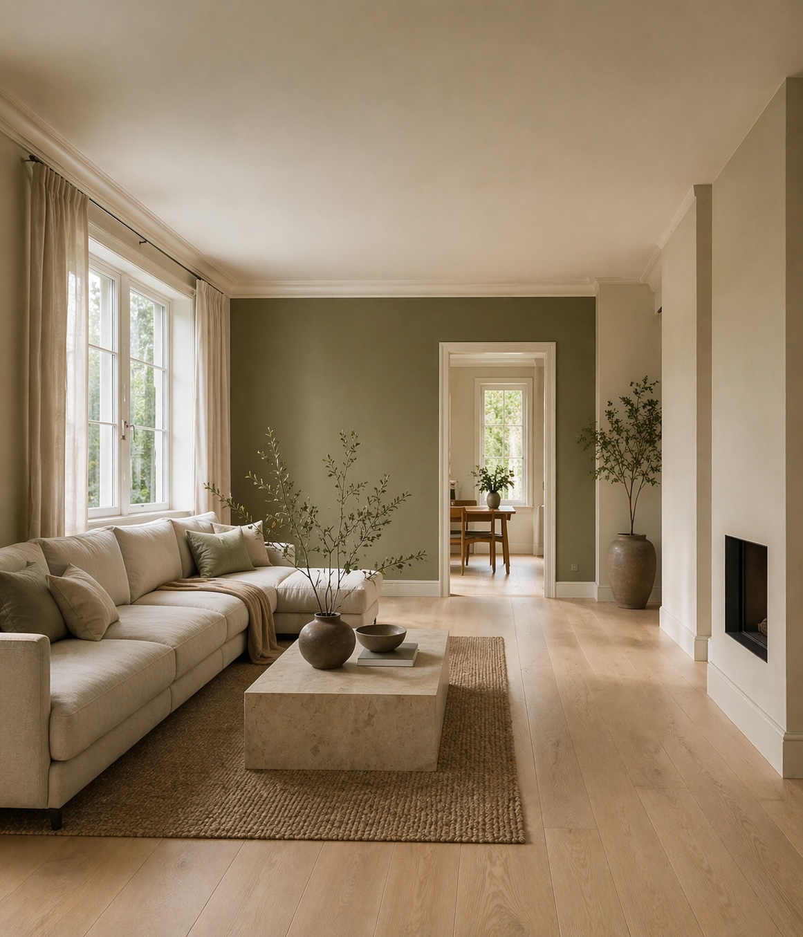 Ljust renoverat rum med målade väggar och trägolv