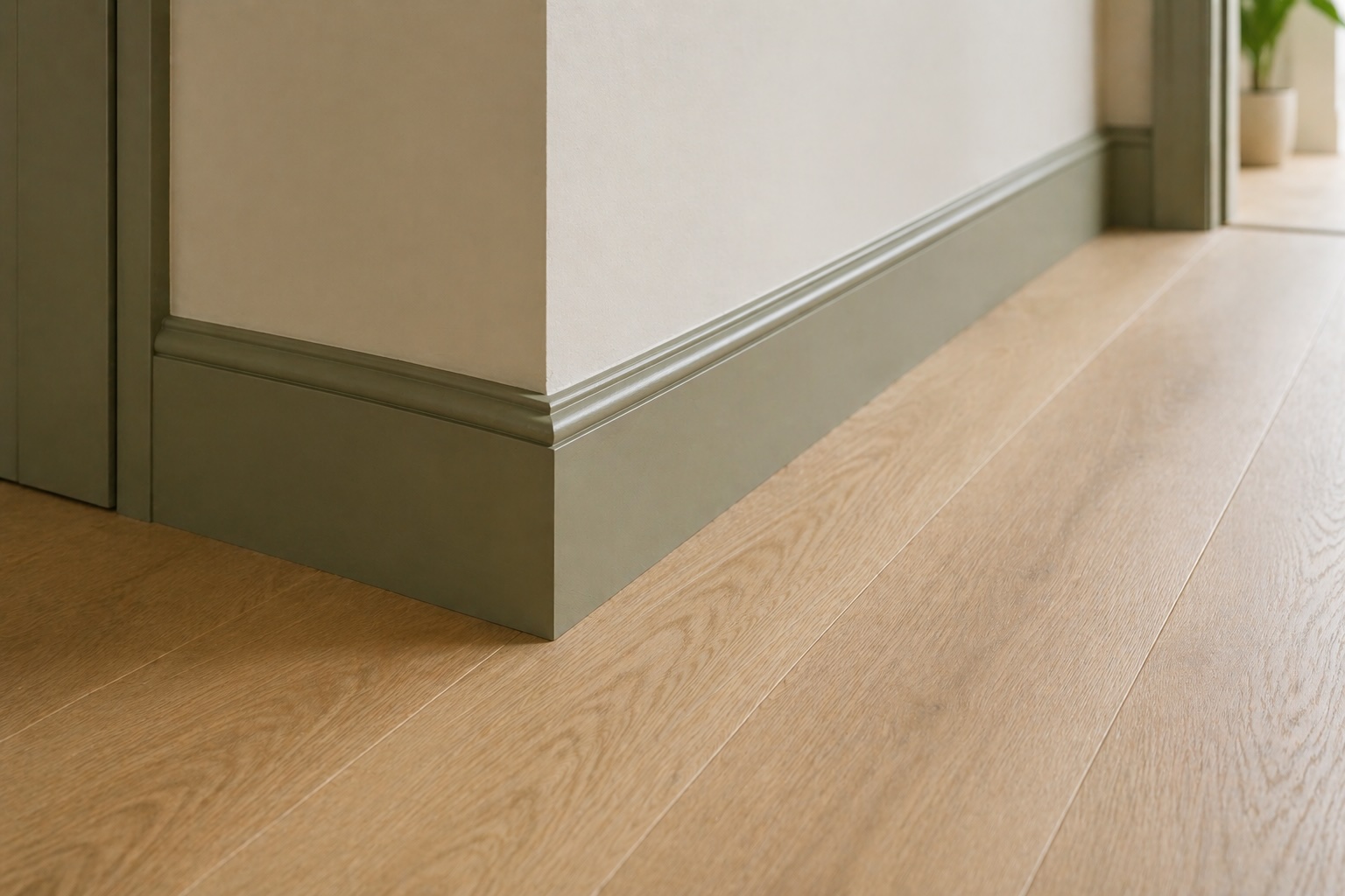 Nylagt golv med noggranna detaljer vid vägg och list