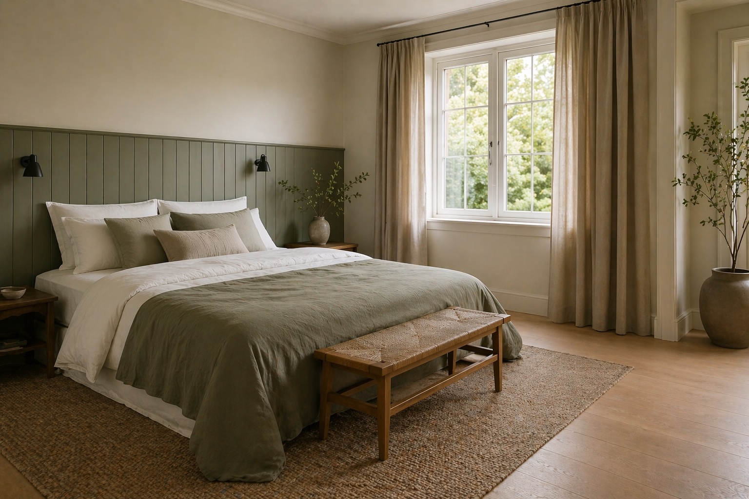 Renoverat sovrum med mjuka toner och lugn känsla