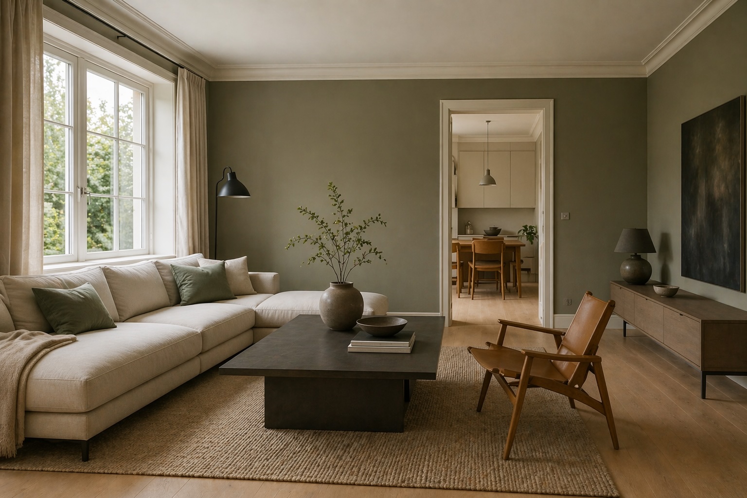 Renoverat vardagsrum med målade väggar och lugna materialval